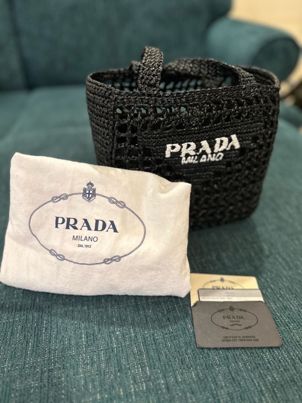 Prada Black Raffia Tote with White Logo Detail